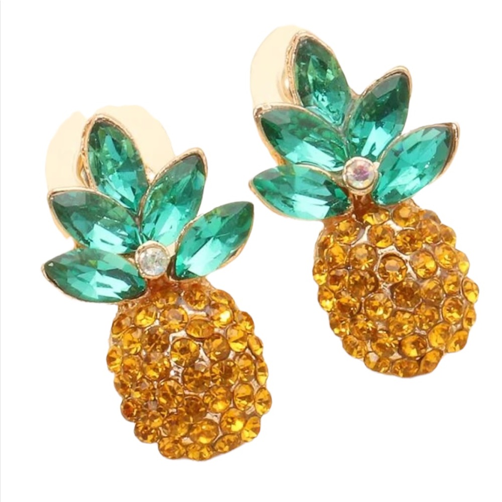 •Pineapple Rhinestone Design Stud Earrings •